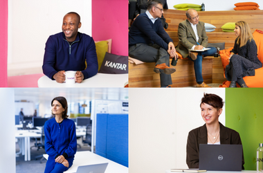 Four images together in a group. From top left: Image 1 - A man sat a desk in a pink booth with a mug. Image 2 -A group of three colleagues working together at some stepped seating. Image 3 - A woman with her laptop in a green booth. Image 4 - A woman dressed in blue looking out. 