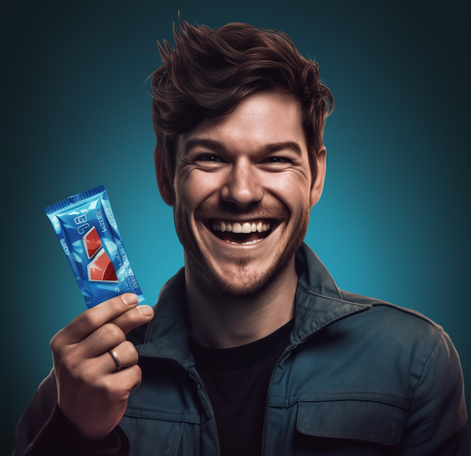 Person smiling wide and holding a blue gum pack